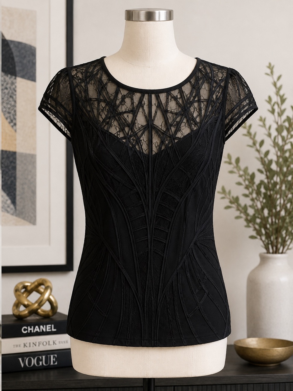 Karen Millen Sheer Black Lace Keyhole Back Cap Sleeve Whimsigoth Top, Size 10